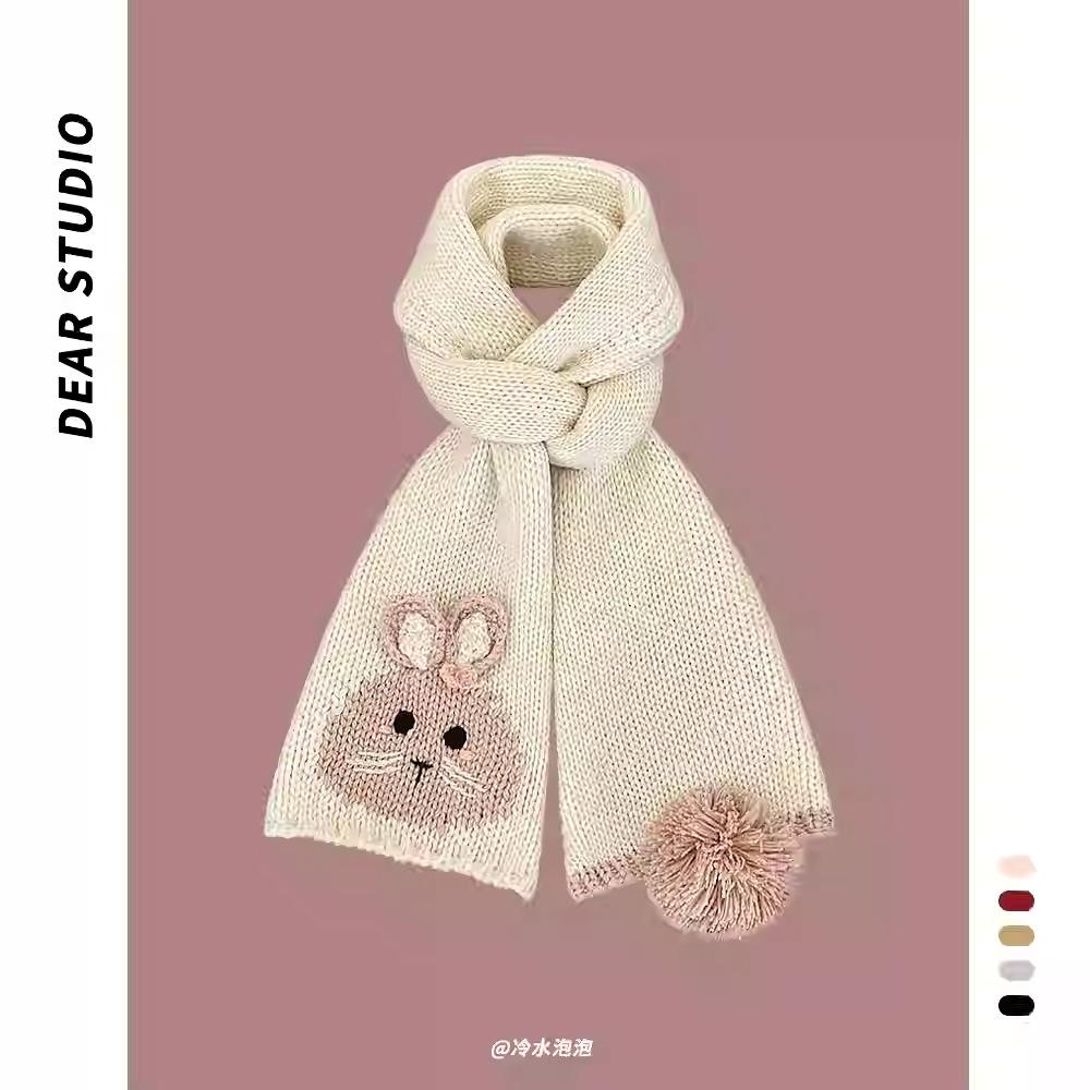 Cute Cartoon Bunny Wool Scarf Female Warm Neck Protection Student White Handmade Knitted Scarf