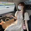 Coffee break French retro floral dress women's summer temperament waist bubble sleeves gentle wind first love long dress sweet style