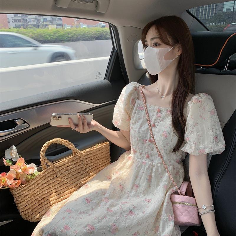 Coffee break French retro floral dress women's summer temperament waist bubble sleeves gentle wind first love long dress sweet style