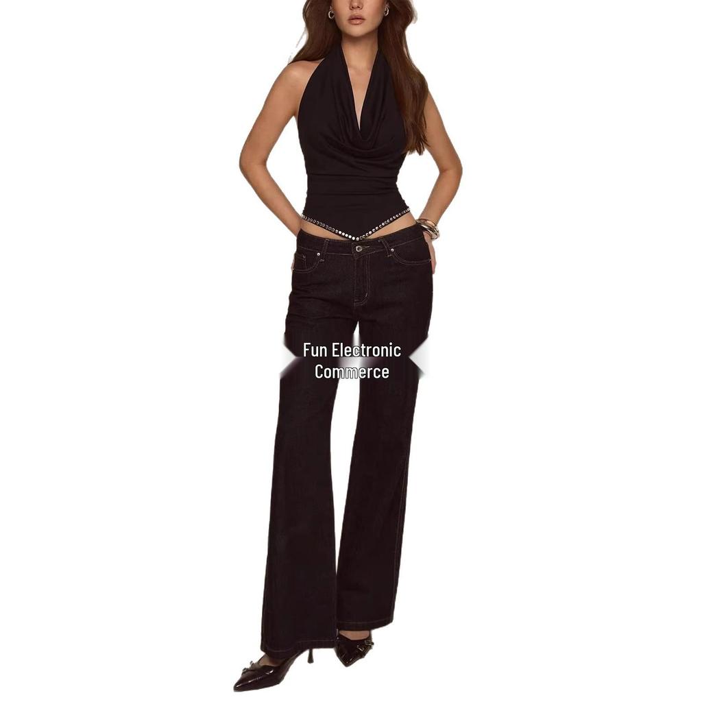 Spicy Style Black Halter Neck Backless Camisole with Pleats & Rivet Accents
