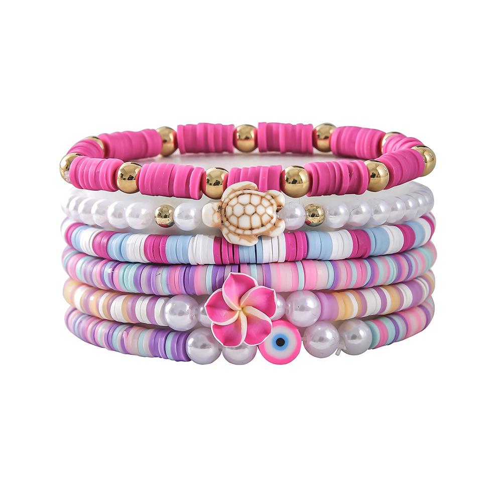 College Style Color Soft Pottery Flower Shell Bracelet Set Sweet and Cute Marine Element Pearl Elastic Bracelet Women