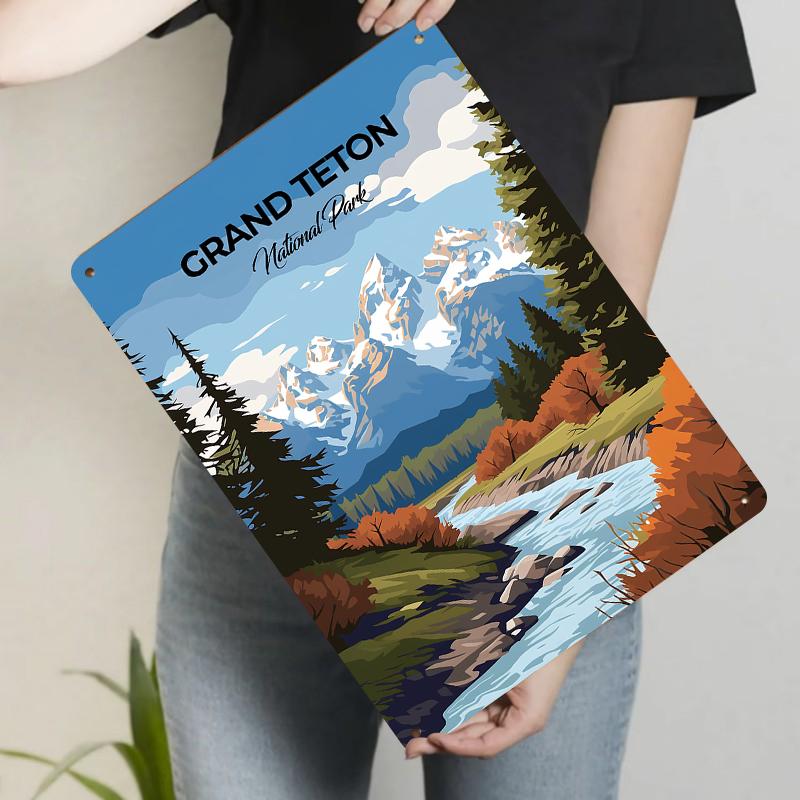 Grand Teton National Park Landscape Metal Wall Art Mountain River Forest Scenery Home Decor 20x30cm（7.8x11.8inch）