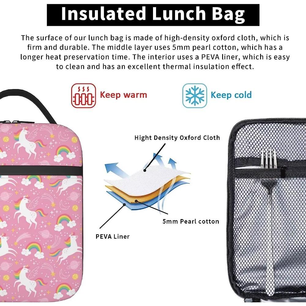 Pink Unicorns Lunch Box for Girls Women Reusable Insulated Bento Tote Bag Portable Thermal Cooler Organizer for Picnic Beach