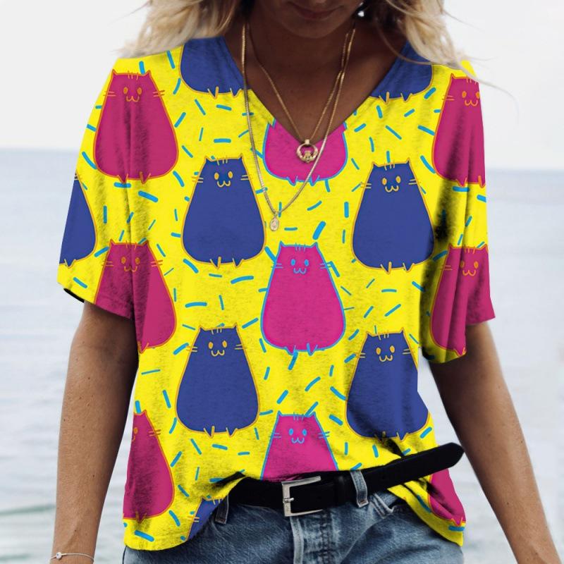 T-shirt d'été à manches courtes et col en V pour femme, imprimé chat 3D, décontracté et tendance