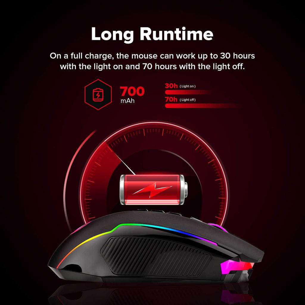 Souris gaming double mode sans fil/filaire Redragon M910-KS RANGER LITE RGB2.4G, 8000 DPI, boutons de tir rapide - Noire