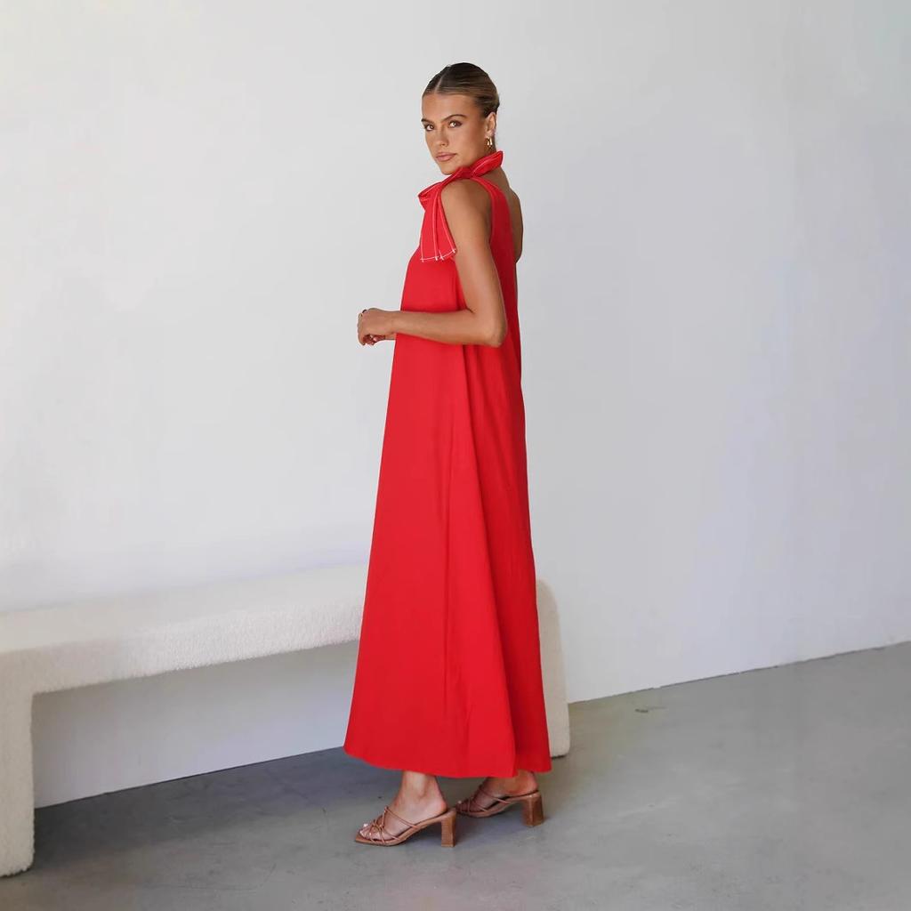 Damen Sommerkleider mit einer Schulter, ärmellos, einfarbig, fließend, mit Rüschen, Maxi-Sommerkleider, lässig, Boho, Strandparty, Hochzeitsgastkleider für Frauen