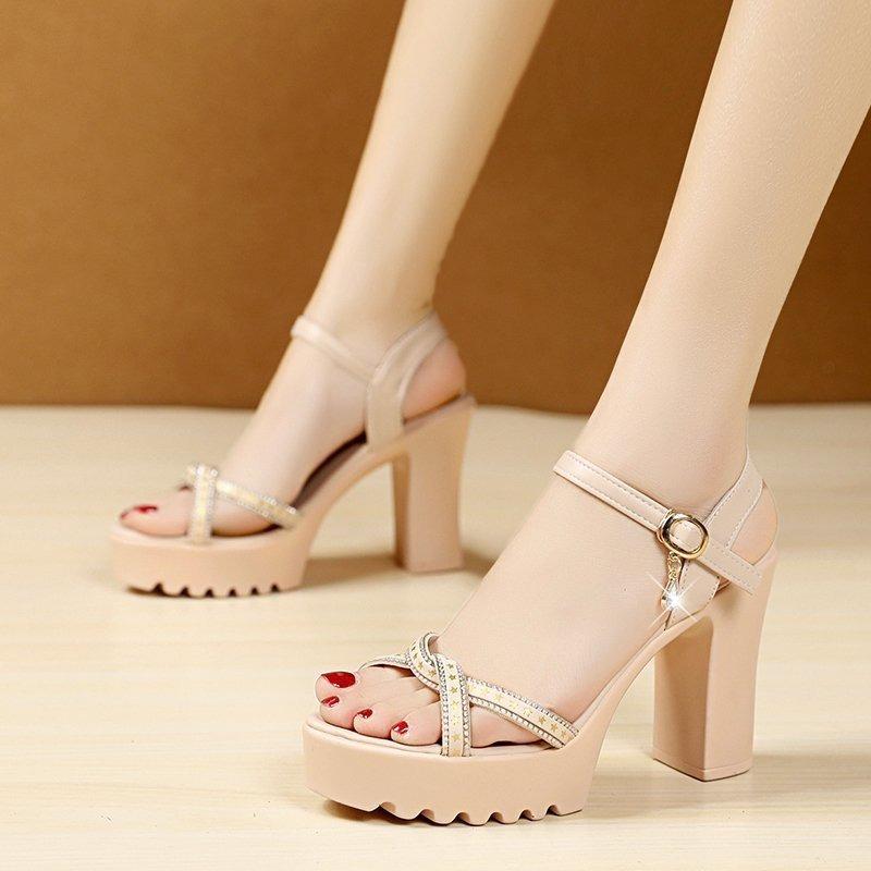 Shining Rhinestone Thick Heel High-heeled Sandals for Women's Summer New Comfortable and Simple Buckle Fashion Sandals