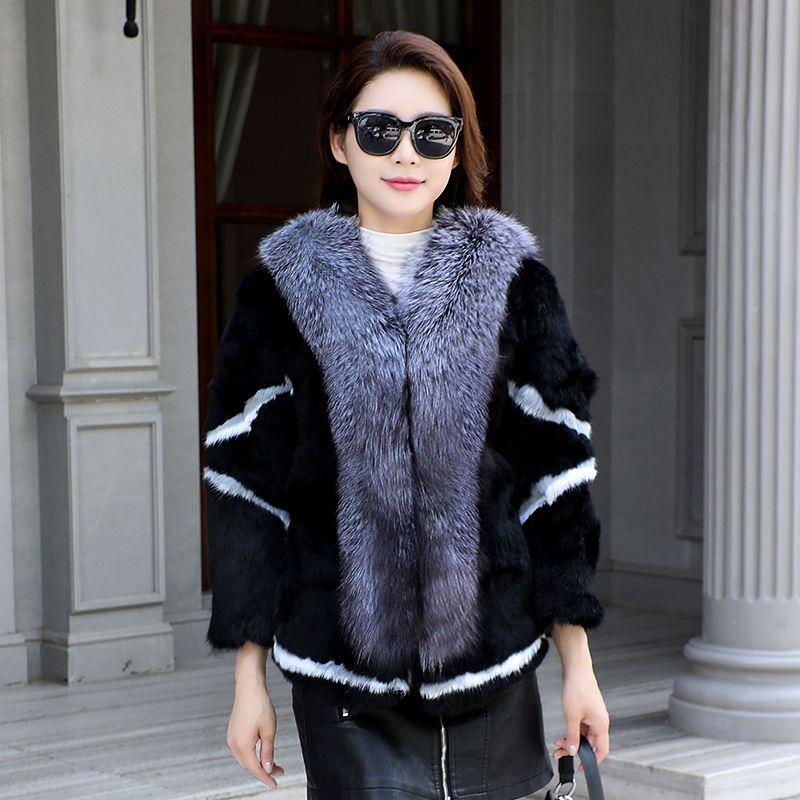 Women Winter 100% Real Rabbit Fur Coat With Silver Fox Fur Collar Natural Warm Rabbit Fur Jacket Female Quality Real Fur Coats