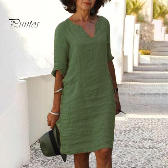 Casual Dress Summer Lady V Neck Three Quarter Sleeves Loose Solid Color Knee Length Simple Style Daily Wear Commute Midi Fit