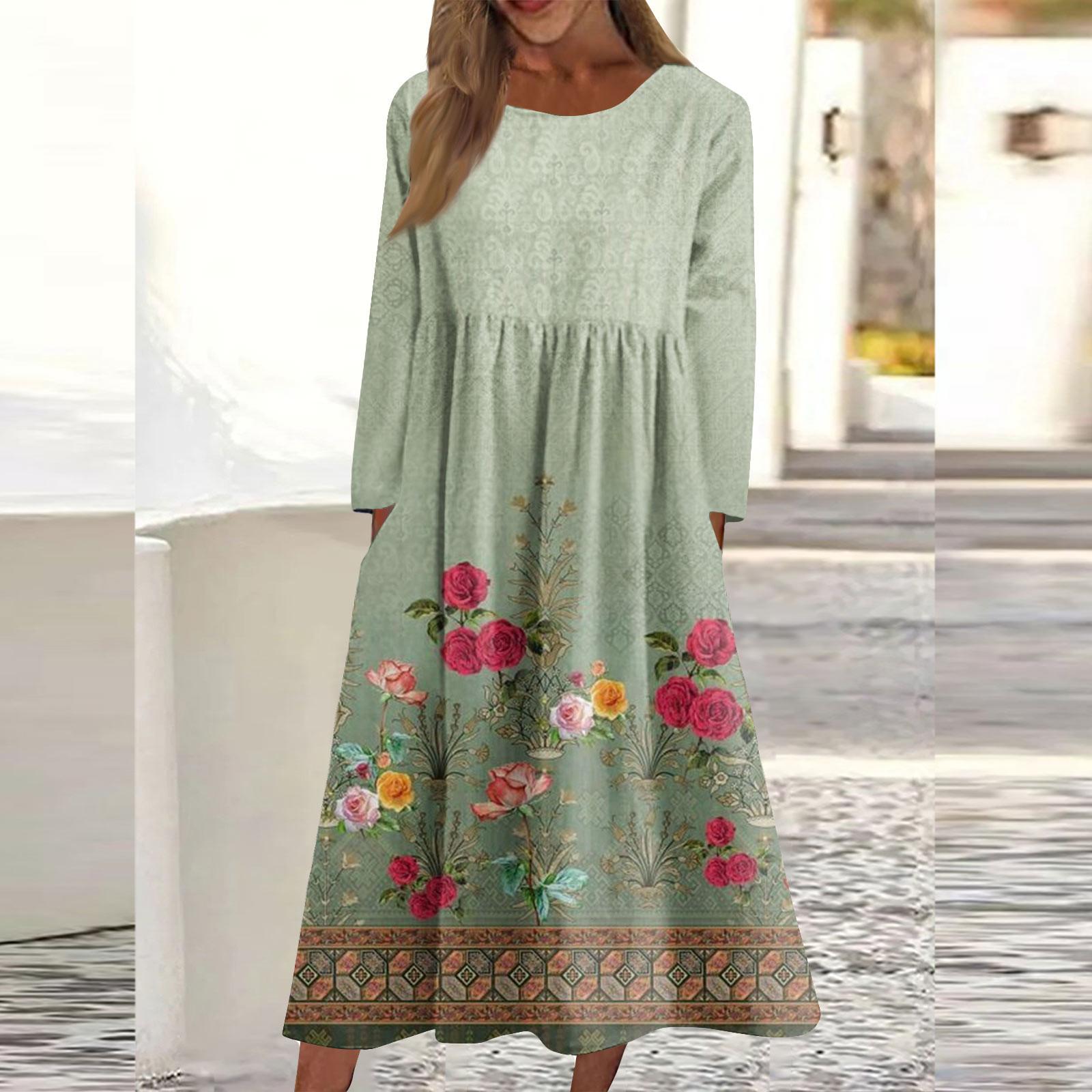 

Женское повседневное платье средней длины с круглым вырезом и принтом, карманное платье с длинными рукавами XXXL