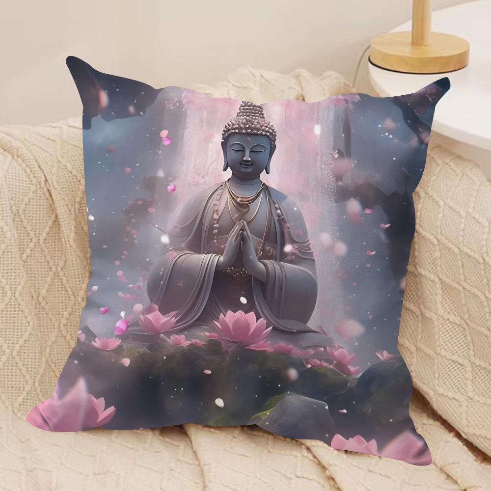 Buddha Statue And Lotus Cushion Cover Silky Short Plush Sofa Pillow Cover Hidden Zipper Soft Dustproof Case For Home Decor
