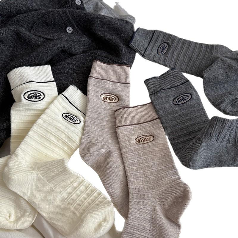 Striped Embroidered Letter Boneless Textured Cotton Mid-calf Socks for Casual Sports Women