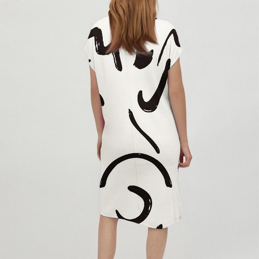 Women's Fashion Casual Summer Retro Line Printed Short Sleeve Round Neck Loose Dress