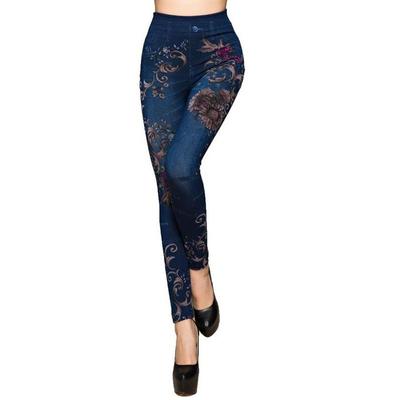 Slim Women Faux Denim Jeans Leggings Coffei Floral Printing Casual Women Clothing Pencil Pants