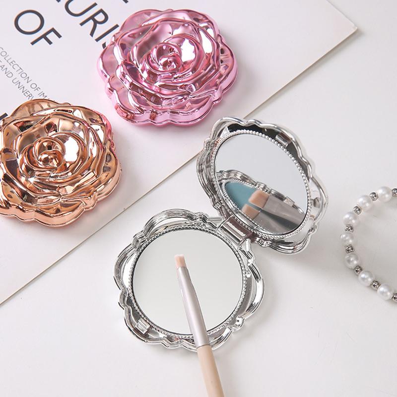 Portable Mini Mirror Retro Rose Flower Small Pocket Makeup Mirror Double Sided Hand Mirrors Compact Cosmetic Beauty Tool Gift