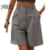 Lady Commute Shorts Summer Women Elastic High Waist Loose Side Pockets Straight Above Knee Length Soft Solid Color Breathable Daily Casual Business