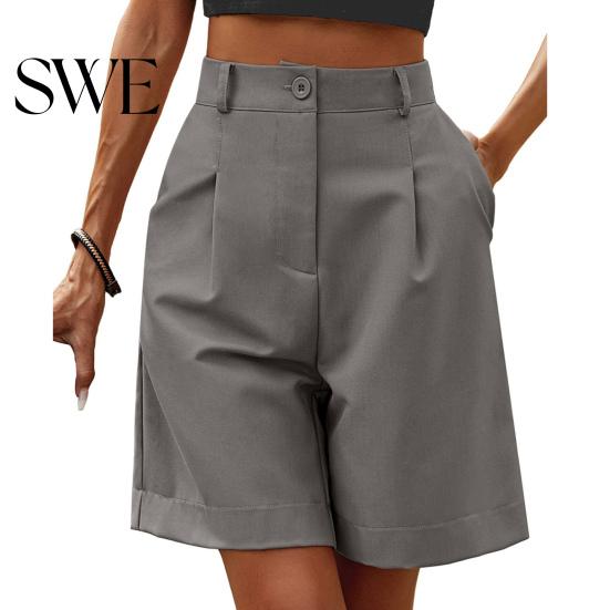 Lady Commute Shorts Summer Women Elastic High Waist Loose Side Pockets Straight Above Knee Length Soft Solid Color Breathable Daily Casual Business