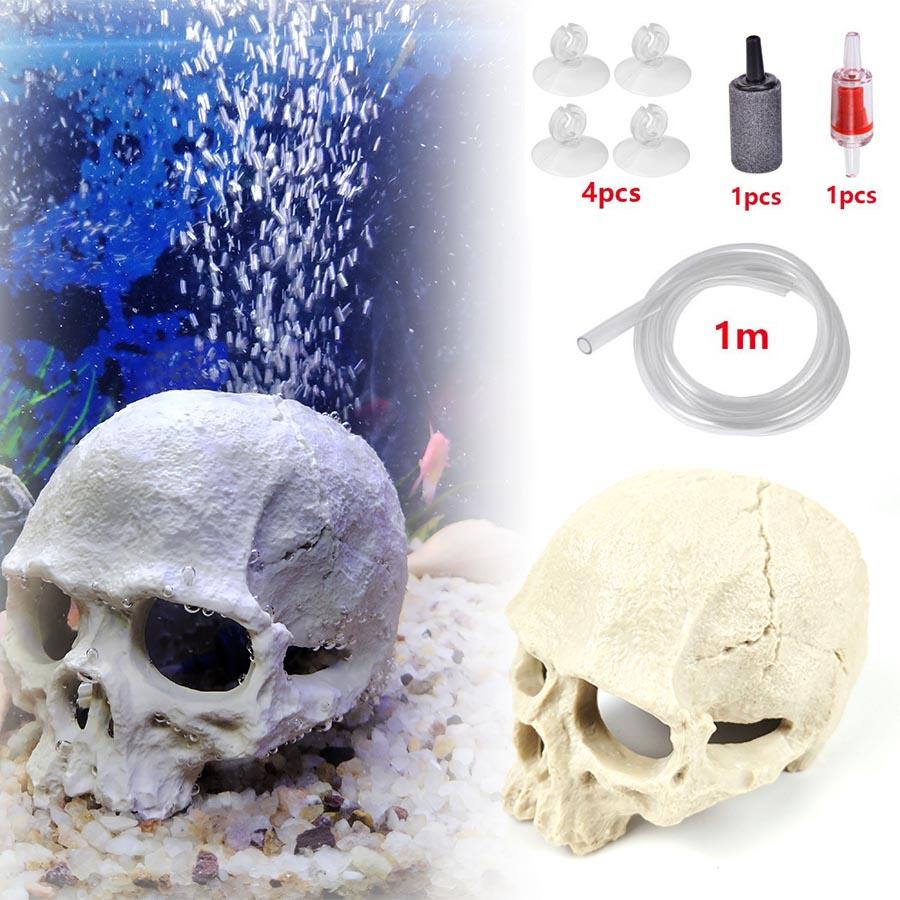 1 Sett Resin Skalle Akvariedekor – Fiske-, Reke- og Reptilavlsgrotte med Innebygd Boblestein for Oksygenering | Halloween Akvariepynt