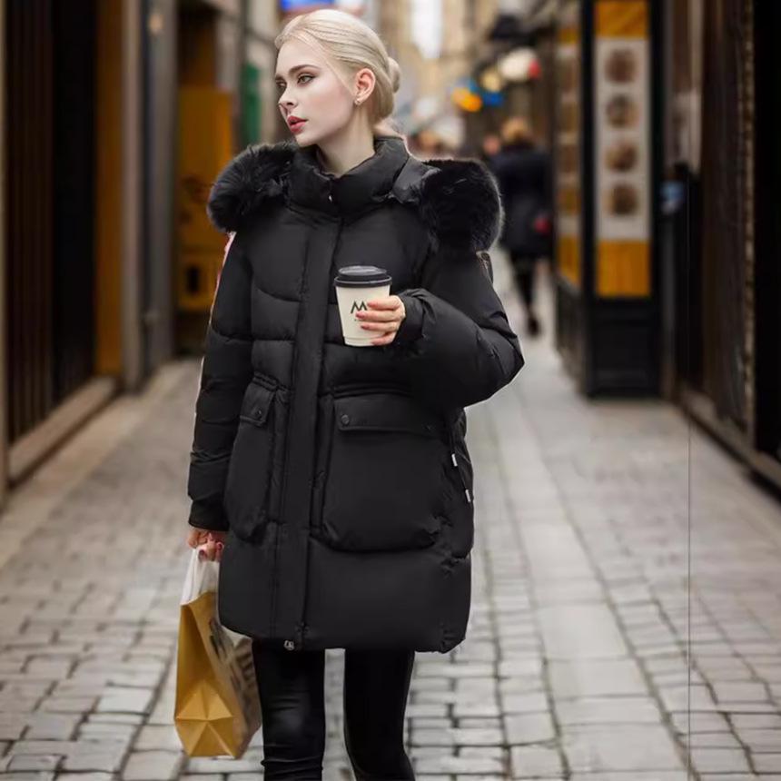 Winter new women's medium and long -padded jacket thickened hat removable cotton-padded jacket women's cotton-padded jacket