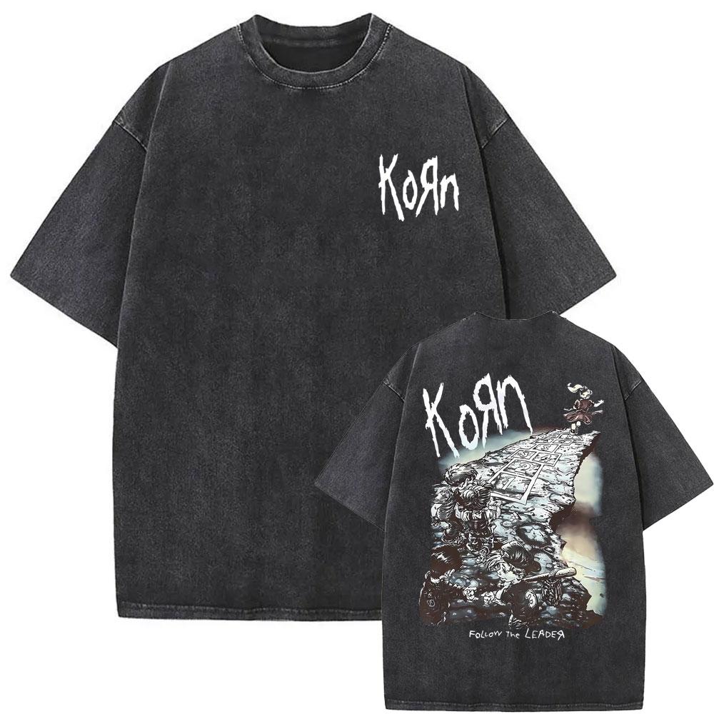 Washed Vintage Korn Music Concert Rock Band WORLD TOUR  T Shirts Men Women Vintage Black Gothic Oversized T-shirts