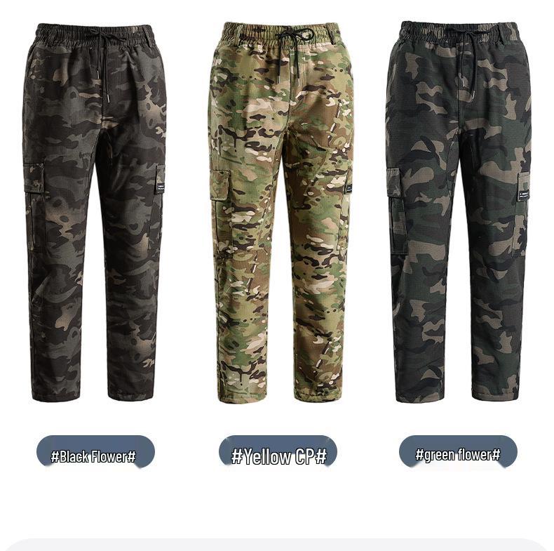Men's Fleece-Lined Camouflage Pants: Thick Straight-Leg, Versatile, Wear-Resistant, and Loose-Fit Casual Workwear.