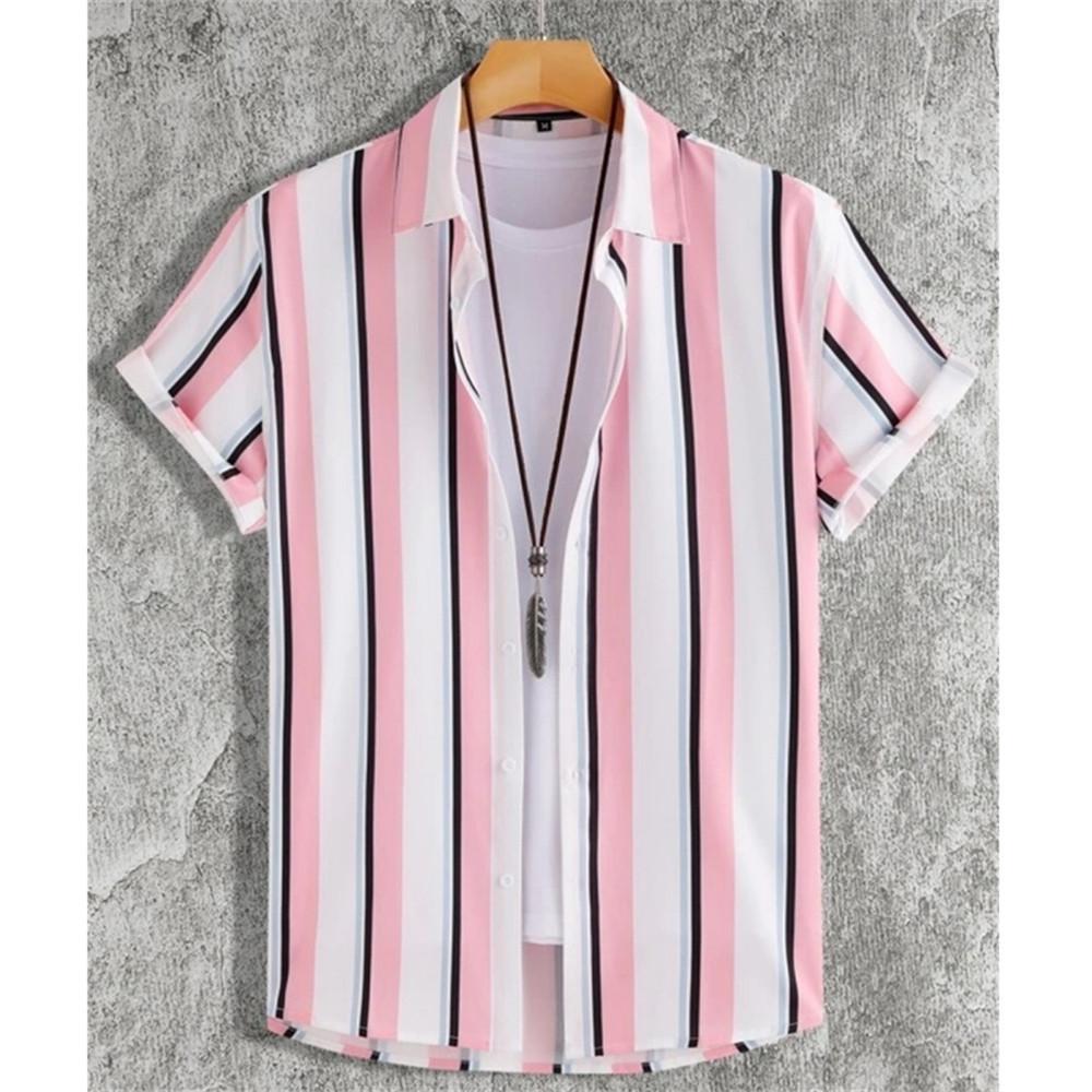 Summer Fashion 3D Print Striped Men's Shirts Basic GraphicsButton Short Sleeve Lapel Streetwear Hawaiian Blouse