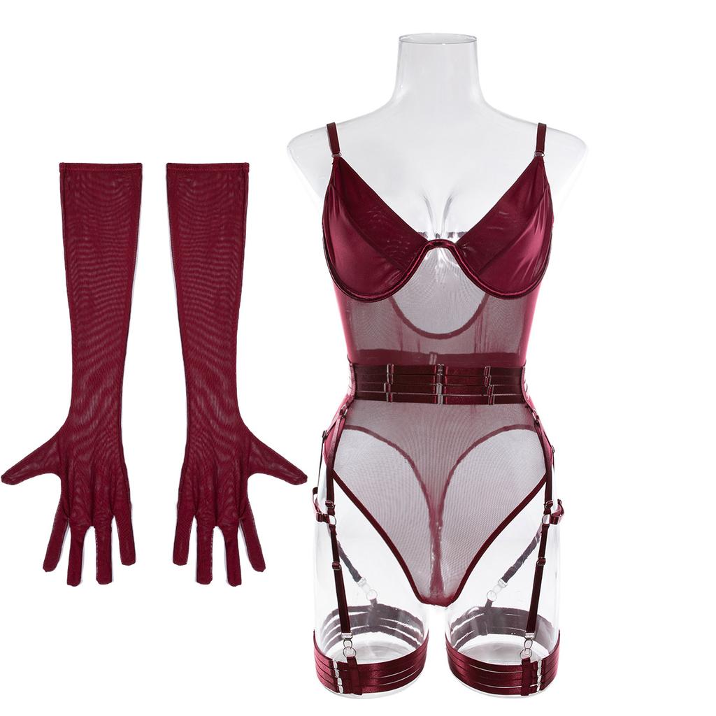 European and American Women Sexy Sheer See Through Bodysuit Patchwork Mesh Lingerie Shapewear with Straps and Gloves