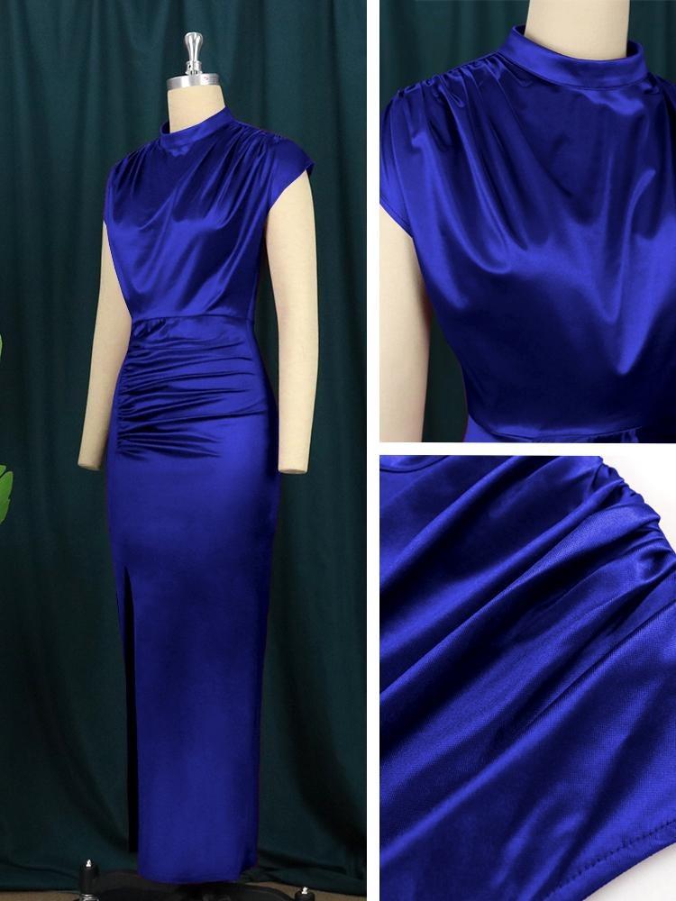 Elegantes Übergrößen Damenkleid Weinrot Lang Ärmellos Maxi-Abendkleid Stehkragen Slim Fit Glänzend Plissiert Party-Outfits mit Schlitz