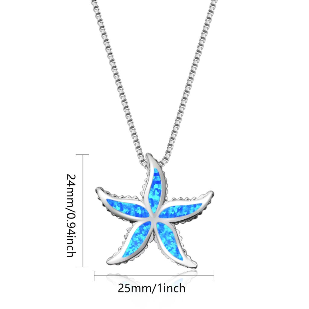 Hawaii Beach Starfish Women's Lab Created Blue Opal Silver Plated Copper Alloy Box Chain Necklace for Anniversary