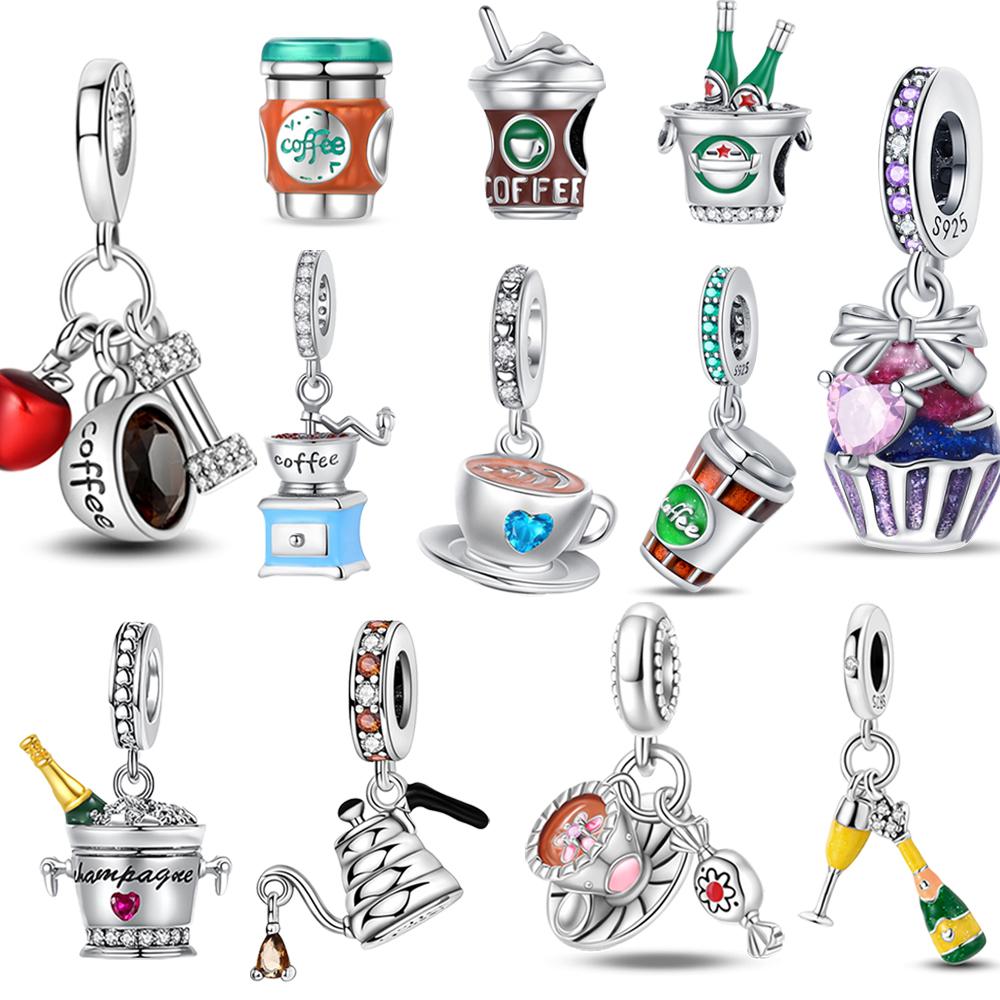 Delicate Copper Take A Coffee Cup Charm Fit Brand Bracelet Champagne Dangle Charm For Original Woman Necklace Jewelry