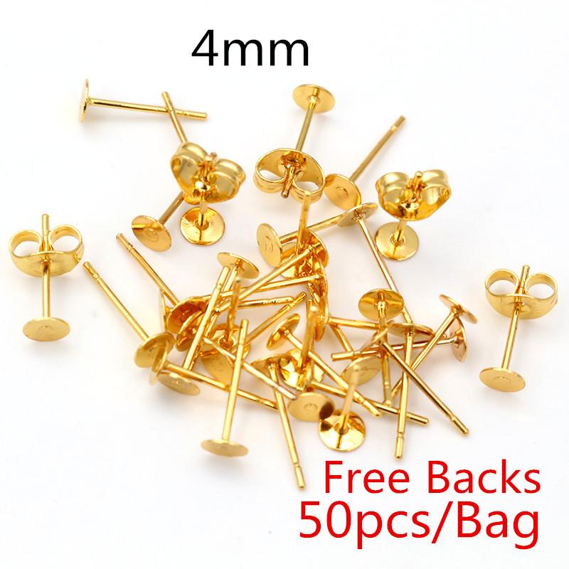 50-100 stuks/partij Gouden Roestvrij Staal Oorbellen Studs Lege Stiftbasis Pinnen Met Oorbellen Dop Sluitingen Oor Achterkant Voor DIY Sieraden Maken