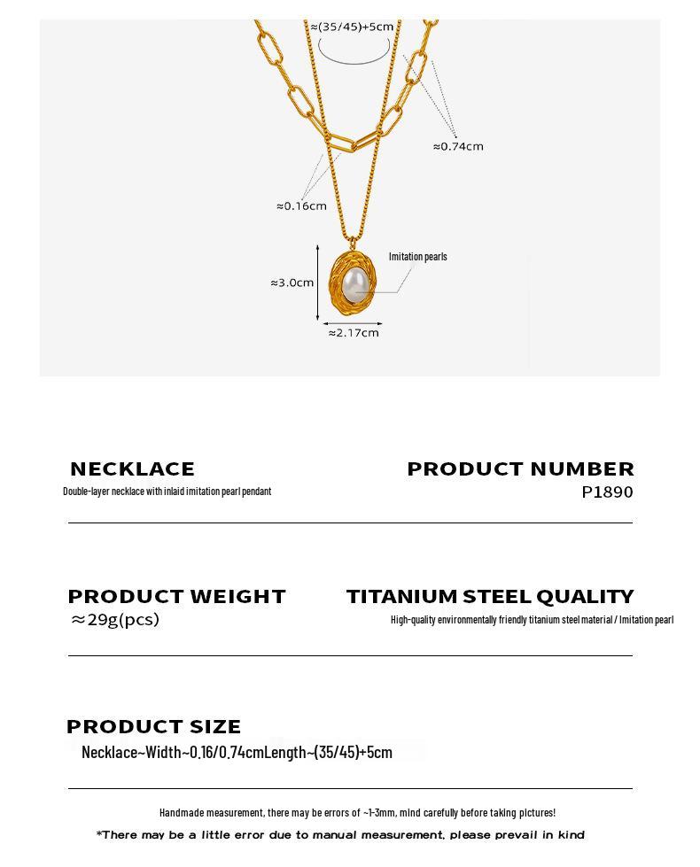 Vintage Gold-Plated Titanium Double Layer Necklace with Pearl Pendant