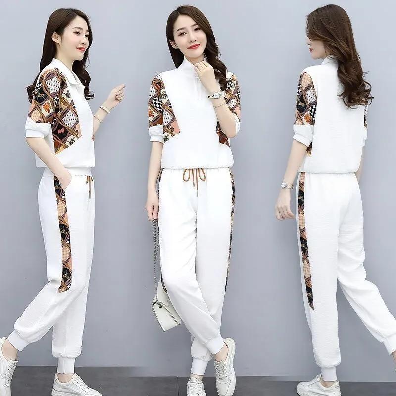 Women's Summer Tracksuit Pencil Pant Casual Cropped Top + Pants Two-Piece Set