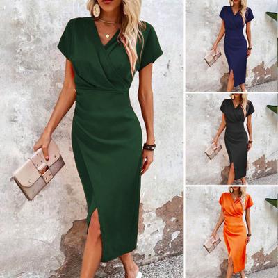 Vestido Midi Bodycon para Mujer Manga Corta Cuello en V Fruncido Vestido para Fiesta de Cóctel Formal con Abertura Atuendo para Oficina Trabajo Negocios
