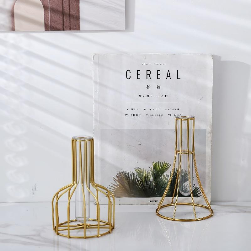 Retro Iron Art Vase Nordic Styles Hydroponic Flower Vase Black Gold  Glass Test Tube Metal Holder Geometric Line Frame Vases