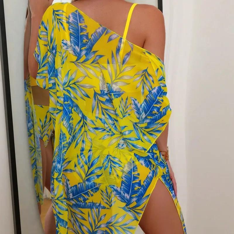 Women Three Piece Swimsuit Set With Leaf Print High Waist Bikini And Sheer Cover Up For Beach Swimming Water Sport Adult Summer Wear