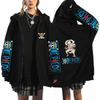 One Piece Luffy Gear 5 Nika Reißverschluss Hoodie One Piece Ärmeldrucke Luffy Gear Fünfter Sonnengott Nika Weiße Form mit One Piece Logo Übergroßer Anime Fan Reißverschluss