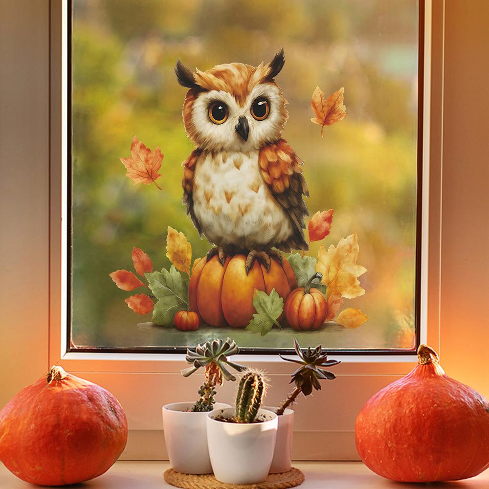 Painted Owl and Pumpkin Leaf Background Wall Decoration Stickers for The Restaurant Kitchen