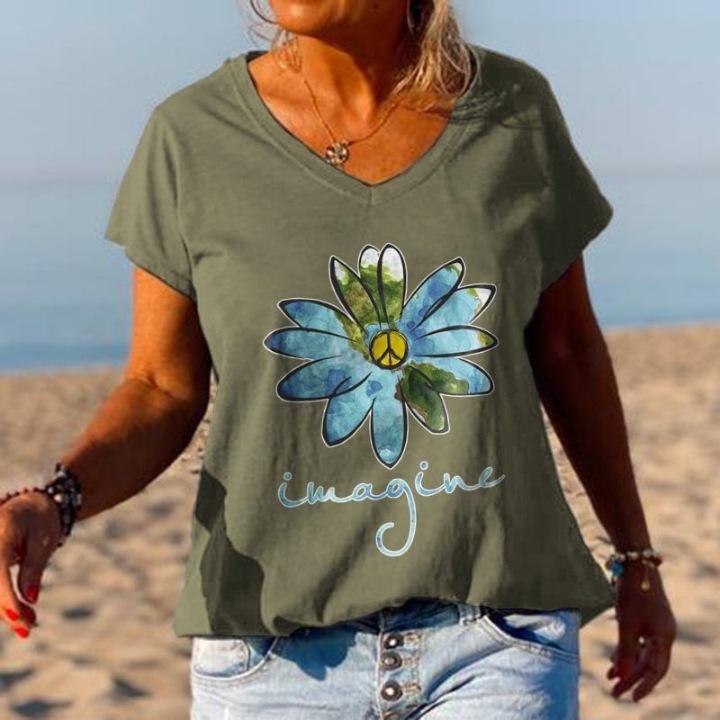 

Plus Size Women Clothes Summer Casual Short Sleeved Blouses Loose T-shirts Printed Tops Ladies Fashion V-neck Cotton Shirts XXXXXL