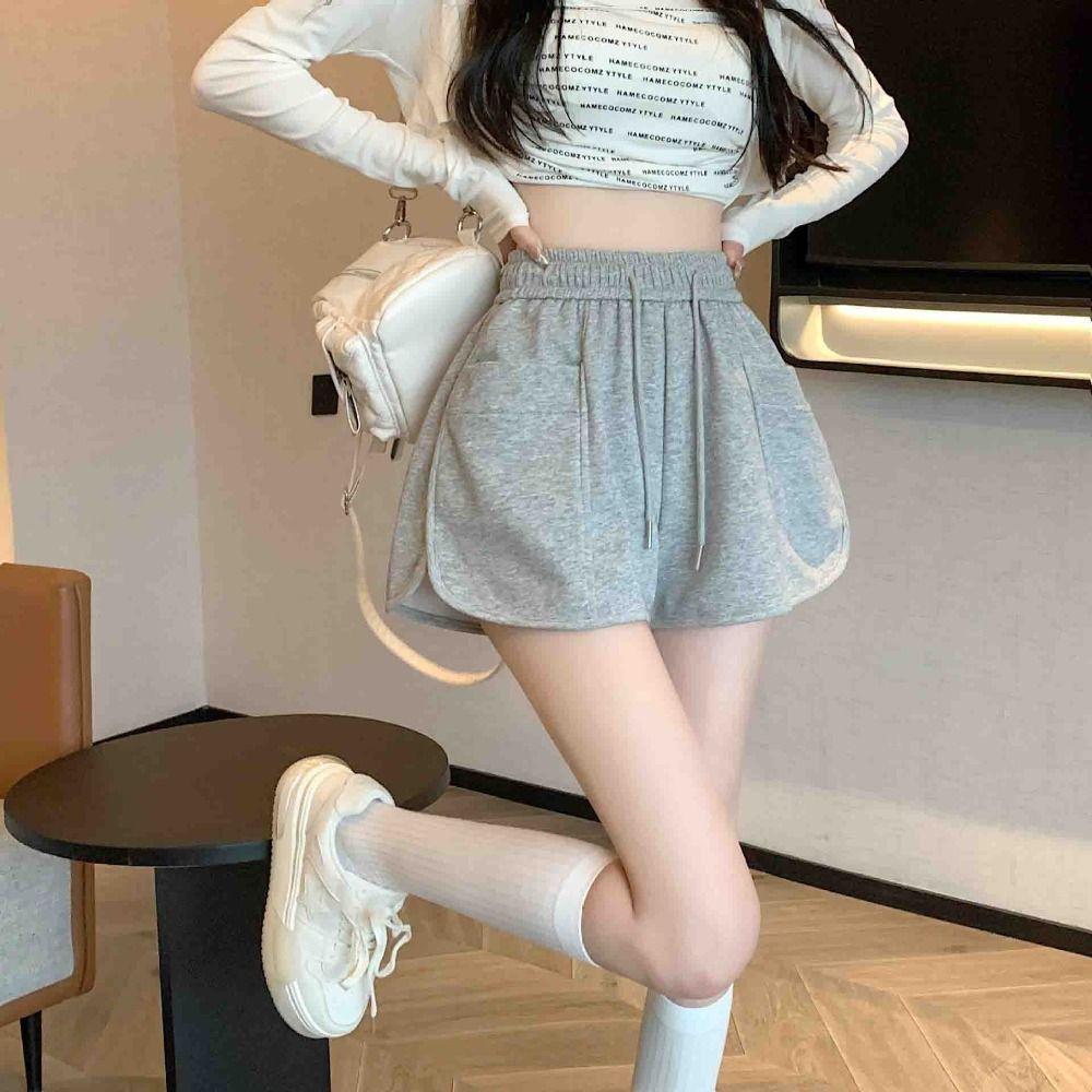 with Pockets High Waist Shorts Fitness Drawstring Short Pants Simple Wide Leg Shorts Women  Ladies