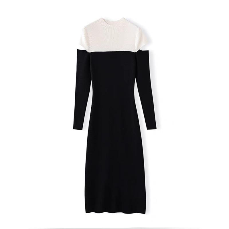 Autumn and Winter Retro Semi-turtleneck Off-the-shoulder Knitted Dress Femininity Waist-wrapped Hip Long Dress with Bottom Skirt