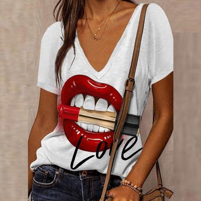 Damen V-Ausschnitt Kurzarm T-Shirt sexy Lippenprint Kleidung Harajuku Retro lockere Passform Designermodell