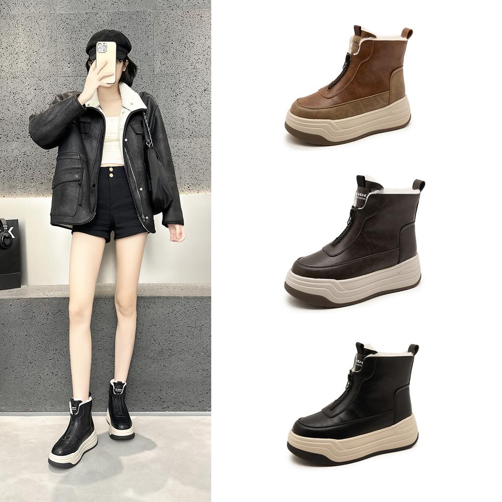 Leder-Plateau-Martinsstiefel Damen Herbst und Winter Neu Kleines Samt Britischer Retro Kurze Stiefel