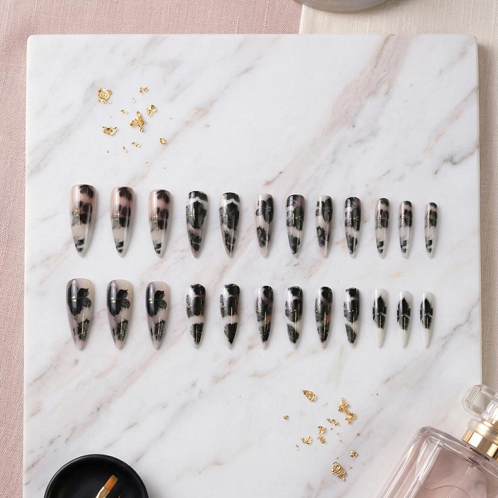 24Pcs Fake Nails Black-Gold Floral False Nails Self-adhesive Press Nails Wearable Nail Tips For Women Daily Wear Nails Tips