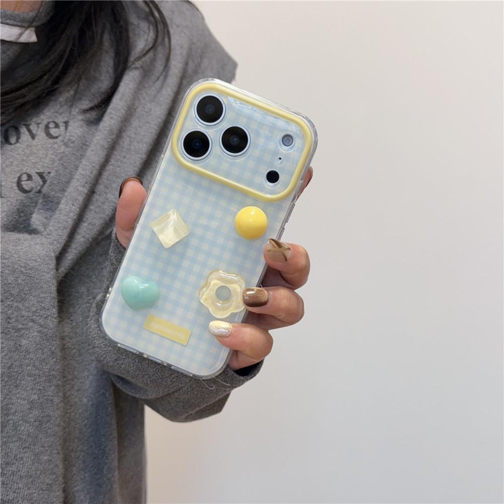 Fresh Blue Plaid 3D Phone Case for Apple 17Pro, 15ProMax, 14/13, 16P - Korean Style