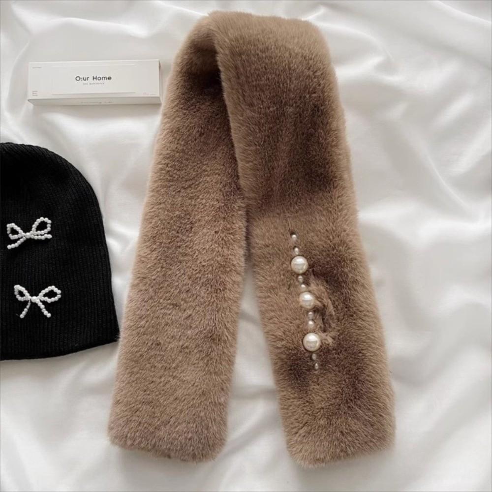 Solid Color Neckerchief Pearl Cross Scarves New Plush Scarf  Women