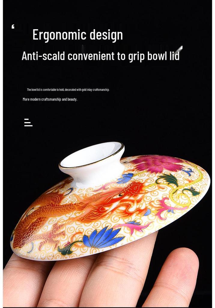 Enamel Court Style Engraved Gaiwan - Hand-Painted Ceramic Tea Cup Set