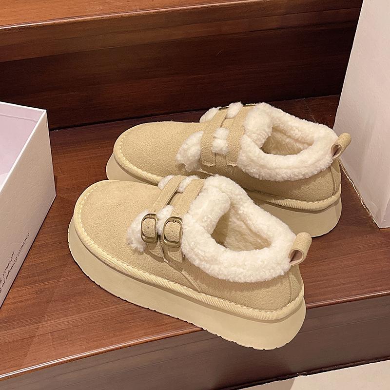 אופנה חורף נשים מגפי שלג עם בוהן עגולה אבזם כפול 2024 מכירה חמה סוליה עבה חם קטיפה עקב בינוני עמיד למים נעלי נשים קז'ואל