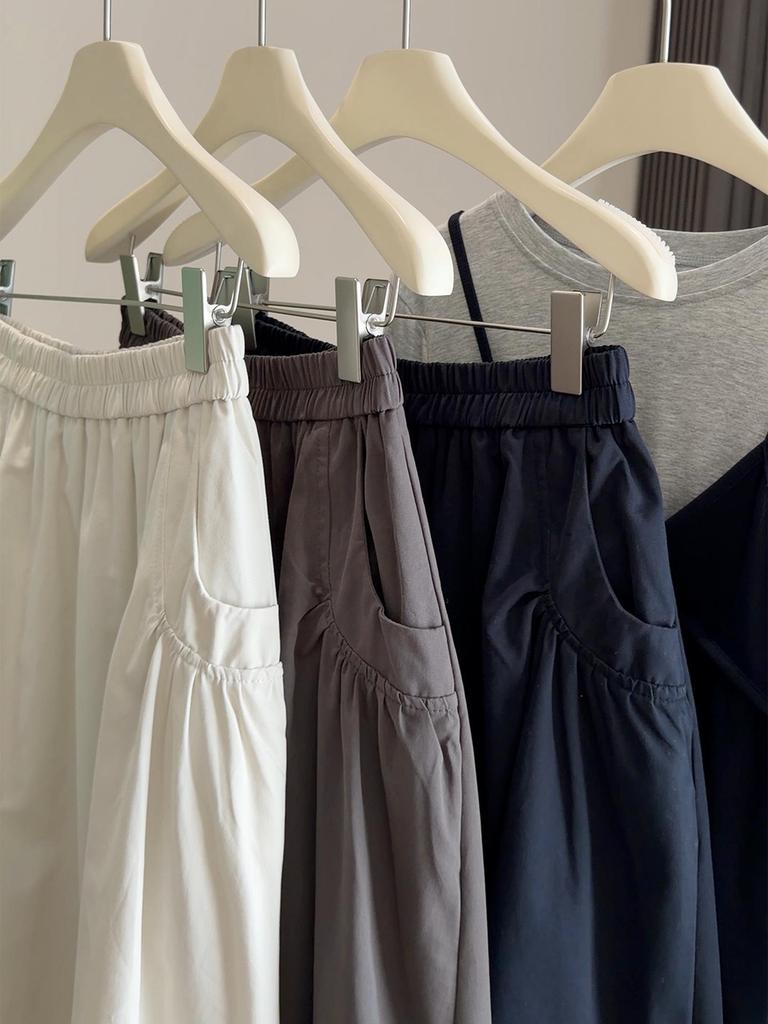 2026 Women's Mid-Length A-Line Skirt – Elastic Waist with Pockets, Loose Fit for Spring/Autumn