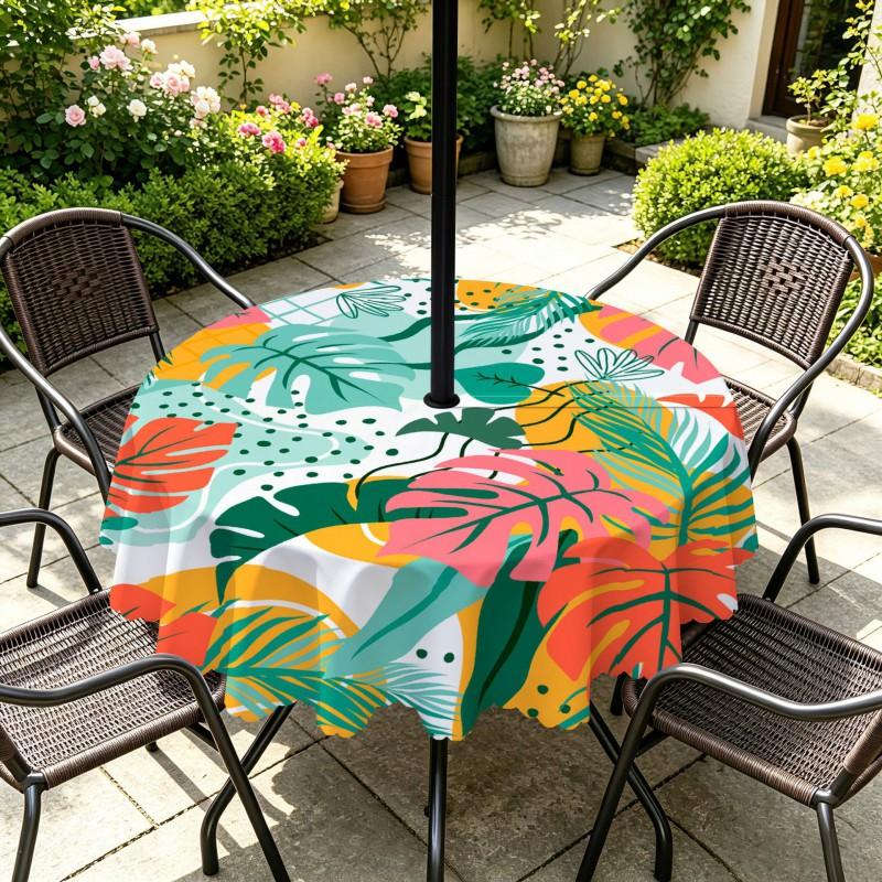 Outdoor Round Tablecloth With Umbrella Hole Waterproof Oil Resistant Floral Leaf Patio Garden Deck